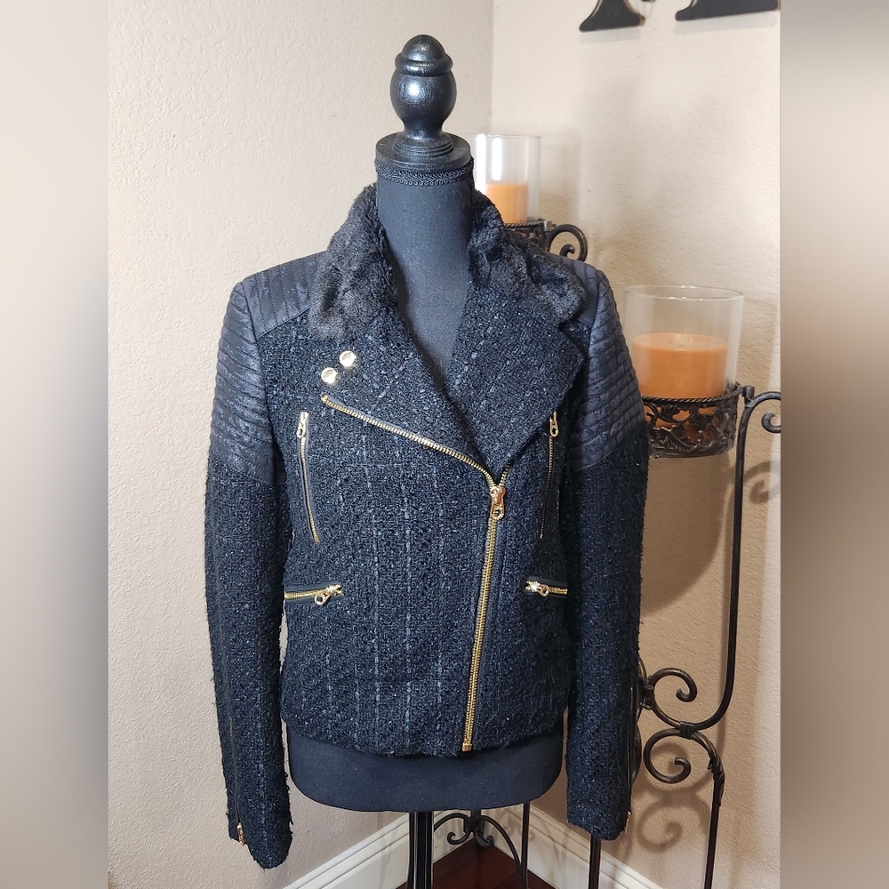 Juicy Couture Black Tweed Moto Jacket with Gold Zippers And Pink Quilted Lining.